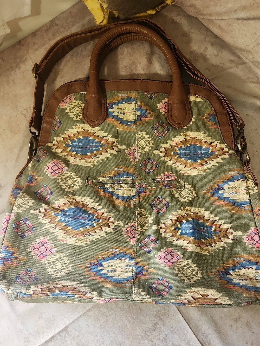 Aztec Canvas Tote in Olive, Brown and Blue Handles And Crossbody Strap